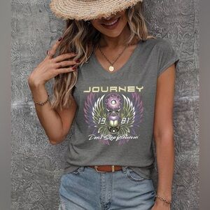 Journey 1981 Don’t Stop Believing Gray V-neck Tee Shirt NEW